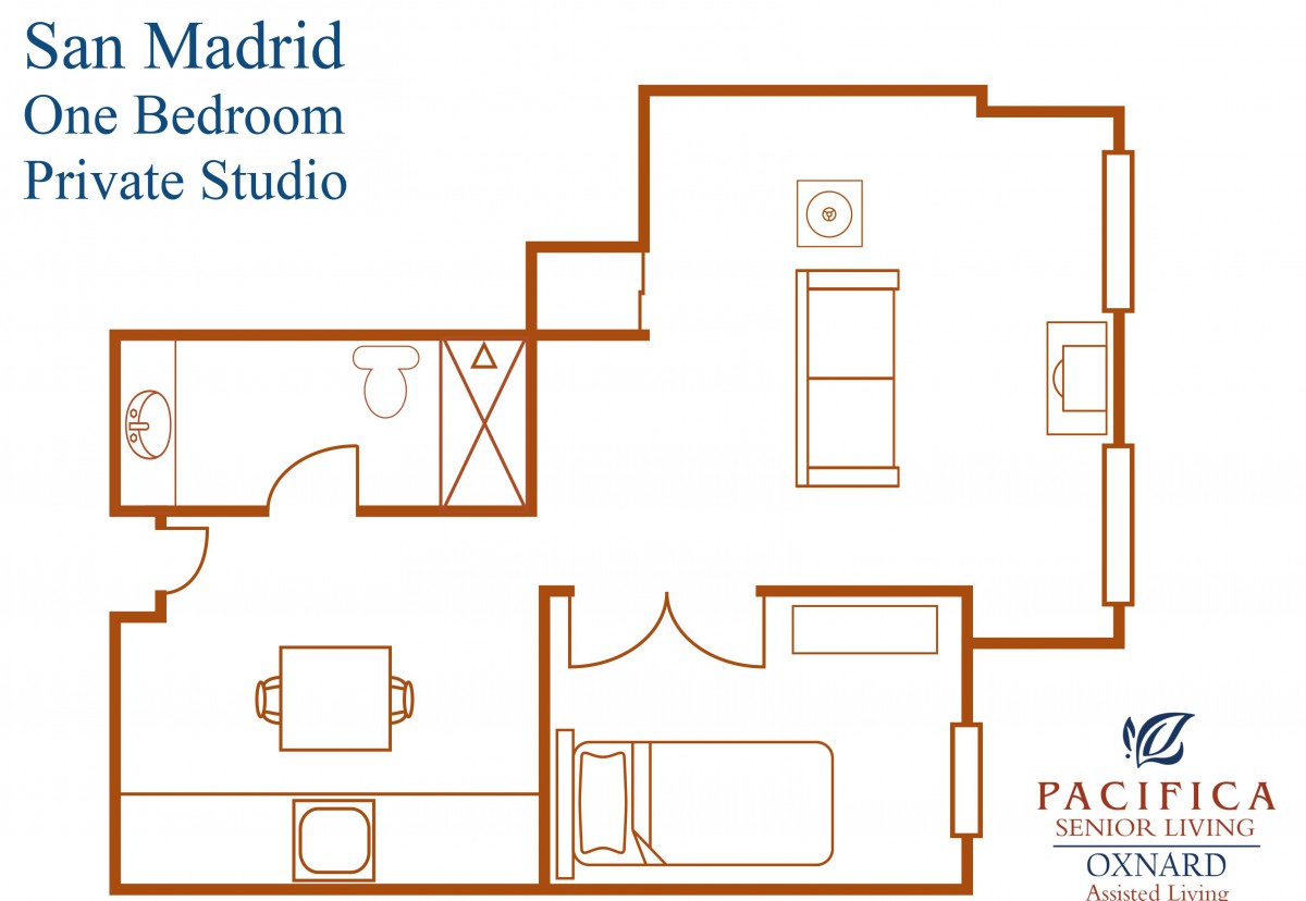 A floor plan of a one-bedroom studio apartment.