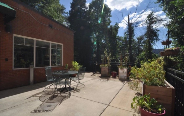A sunny patio with outdoor furniture and potted plants surrounded by trees.
