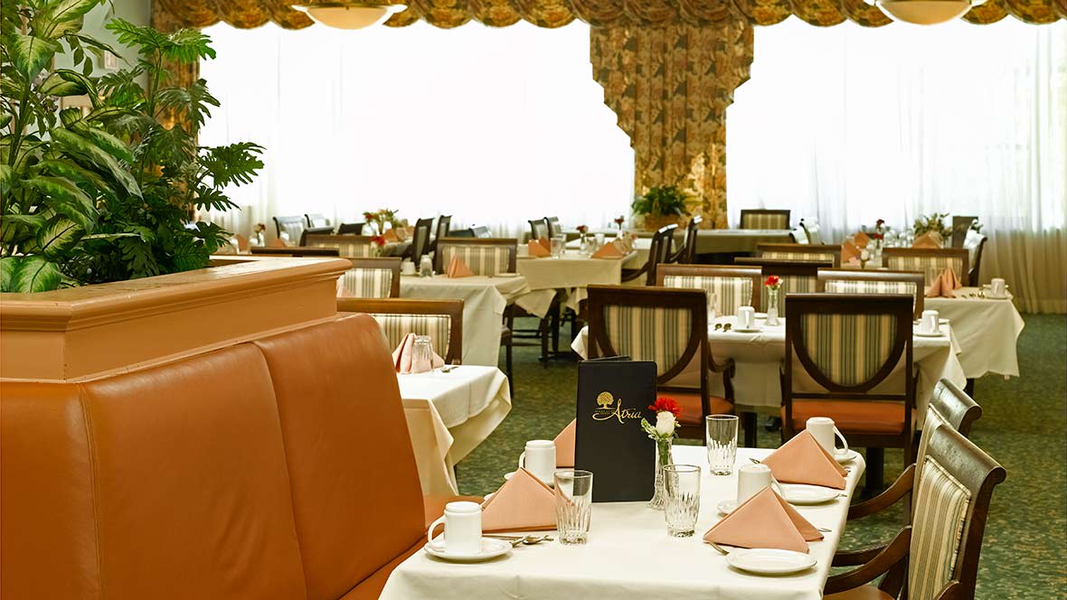 Elegant dining area with neatly arranged tables and classic decor.