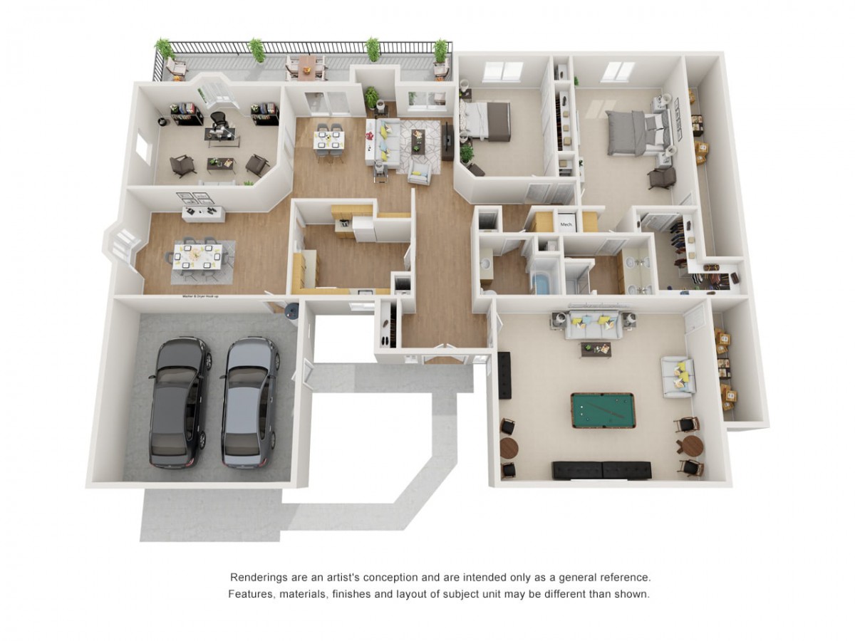 A 3D floor plan displaying a detailed layout of a house with multiple rooms, including a garage, living area, kitchen, and bedrooms.