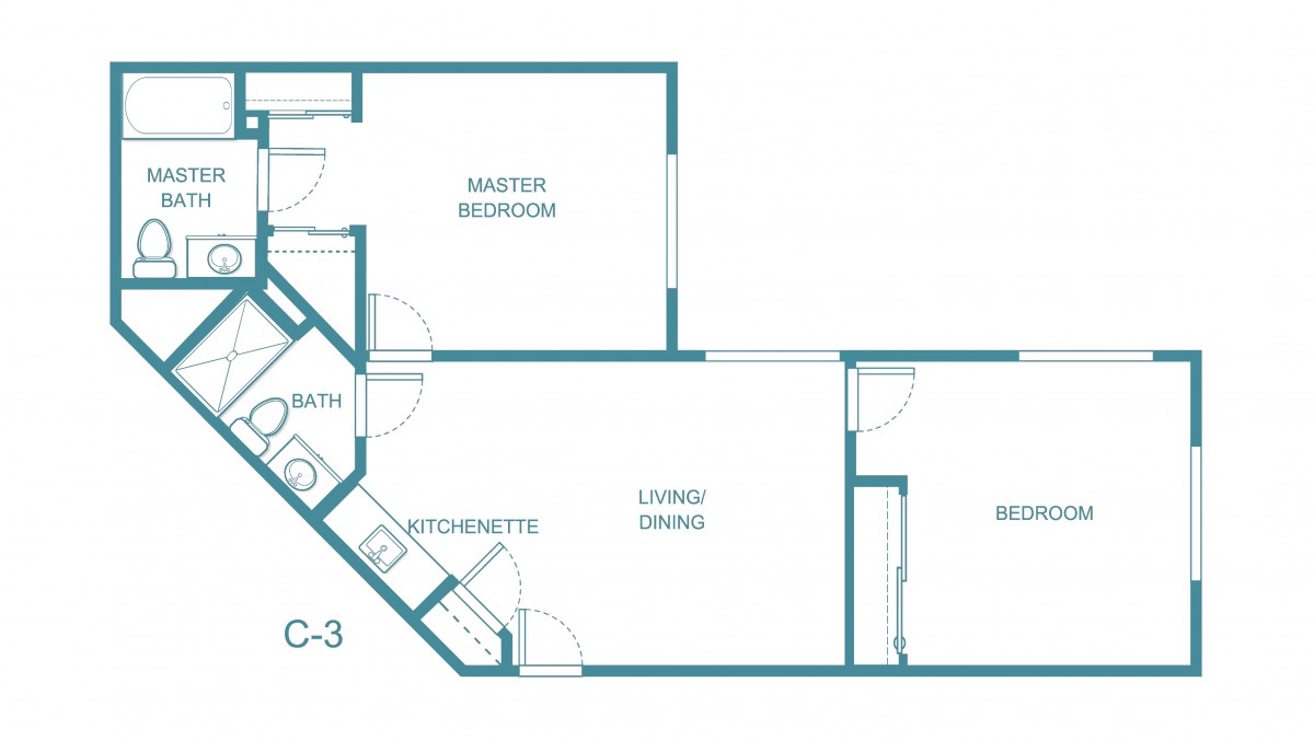 A simple floor plan of an apartment featuring a master bedroom, living/dining area, kitchenette, and bathroom.