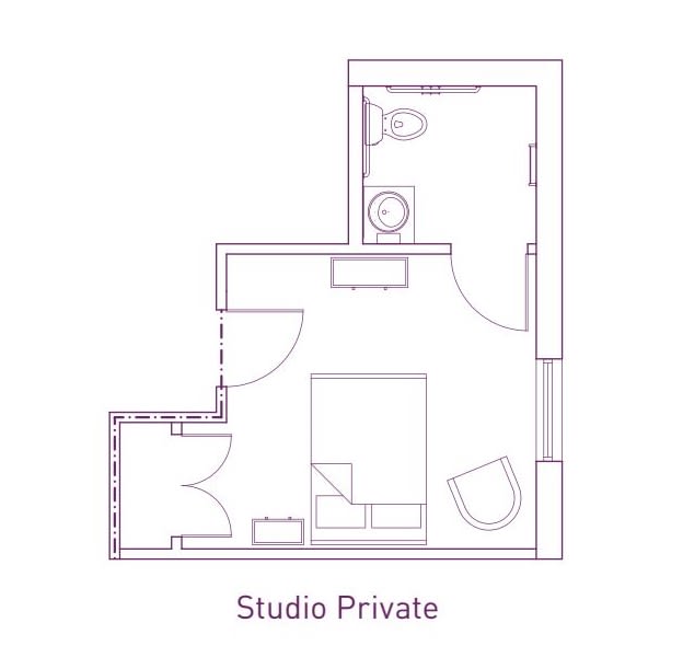 Floor plan of a studio apartment with distinct living and bathroom areas.
