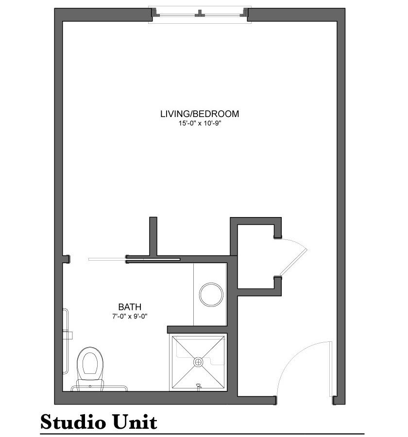 Floor plan for a studio unit featuring a living/bedroom area and a compact bathroom.