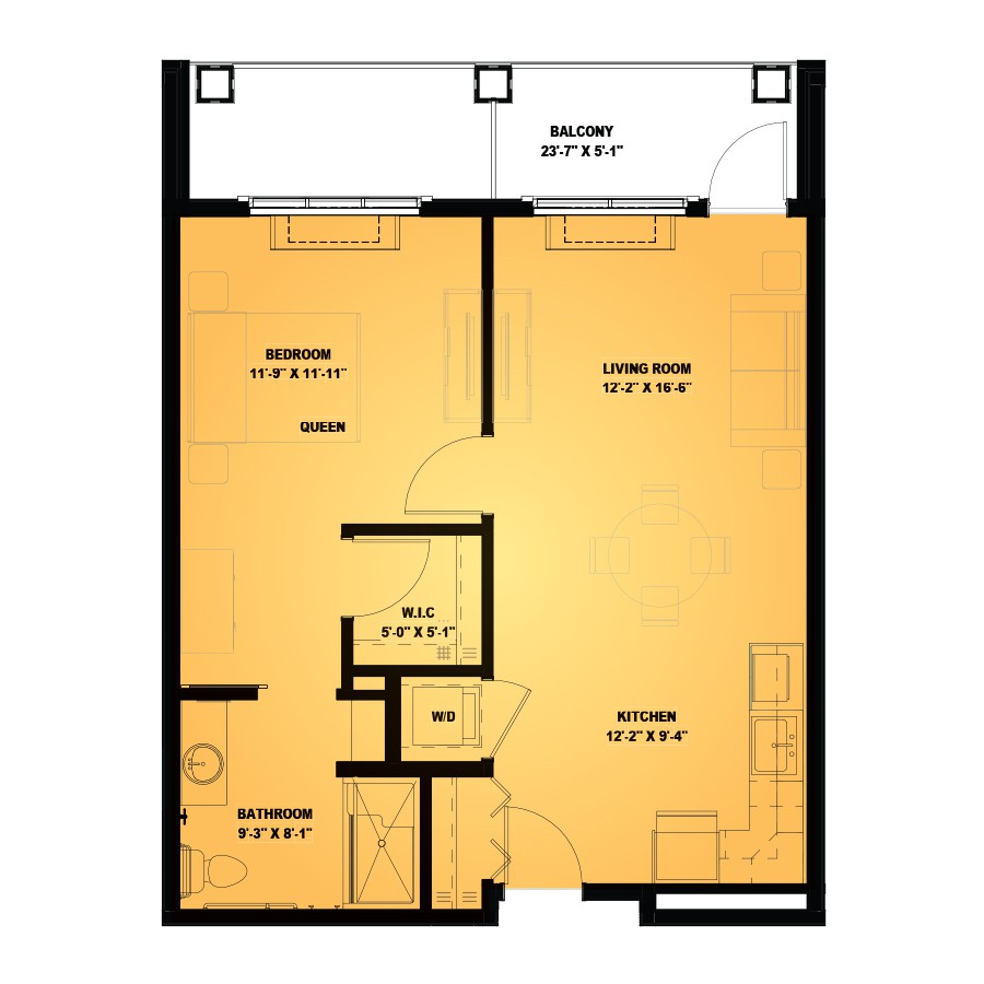 A floor plan of a small apartment with designated living and bedroom areas.