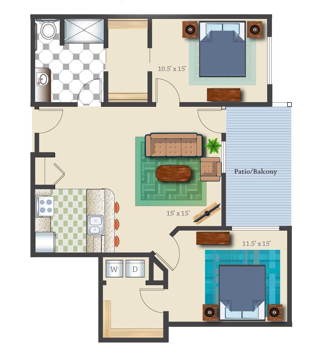 A two-bedroom apartment floor plan featuring a living room, kitchen, bathroom, and a balcony.