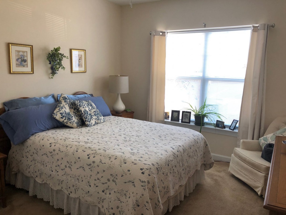 Cozy bedroom with a neatly made bed, a bedside lamp, and a window letting in natural light.