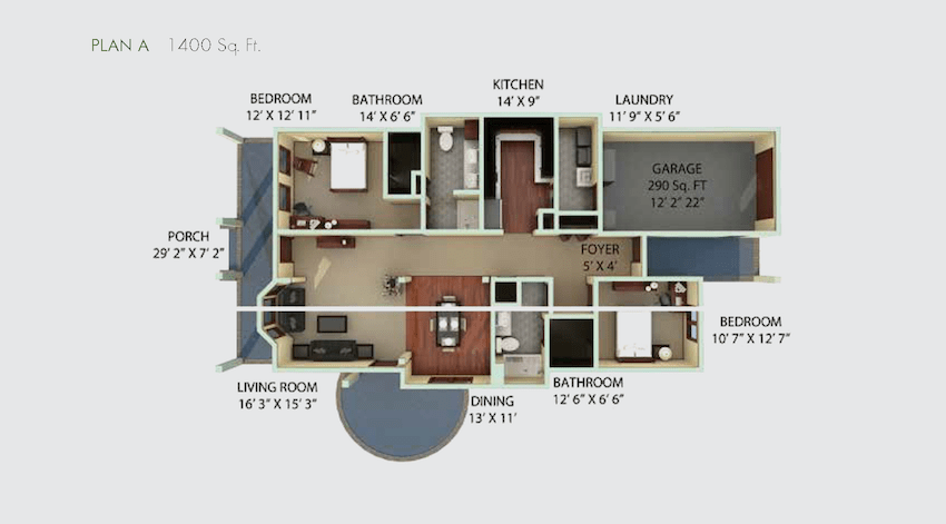 A detailed floor plan of an apartment with labeled room dimensions and furniture arrangement.