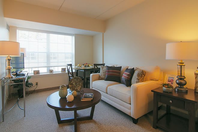 A cozy living room with a beige sofa, coffee table, and decorative elements.