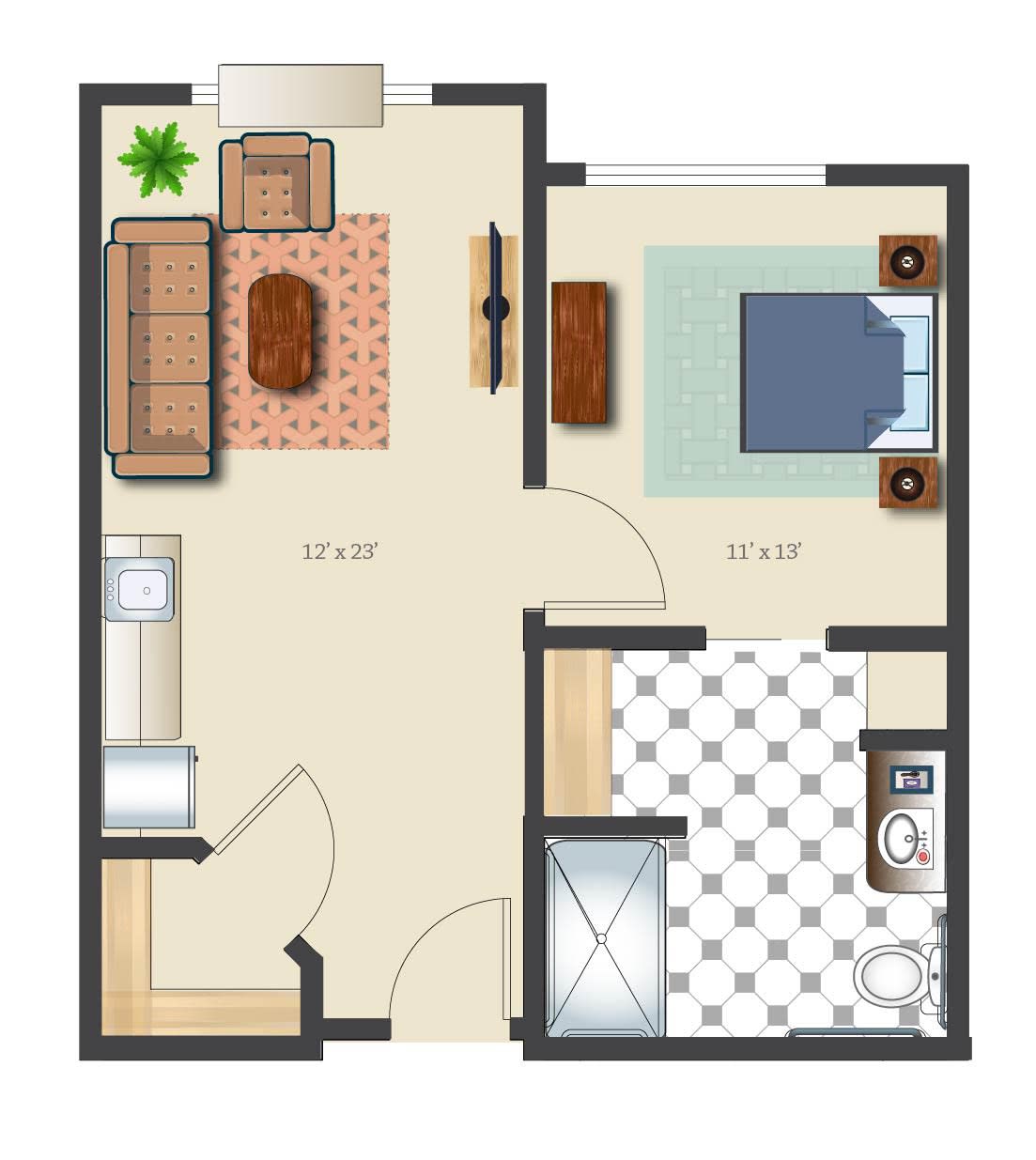 A simple one-bedroom apartment floor plan including a living room, kitchen, bedroom, and bathroom.