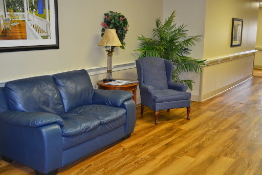 A cozy seating area featuring a blue sofa, an armchair, a lamp, and decorative plants.