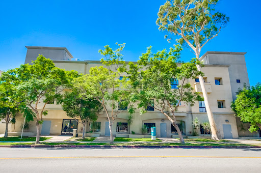 A modern building surrounded by lush trees under a clear blue sky.