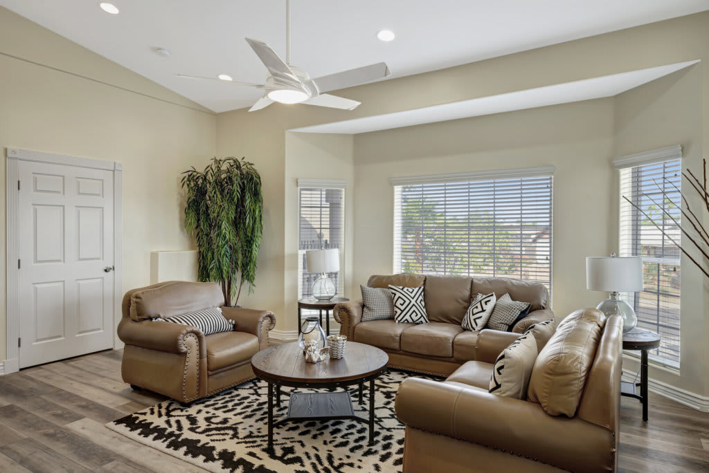 A cozy living room with comfortable sofas, a central coffee table, and stylish decor.