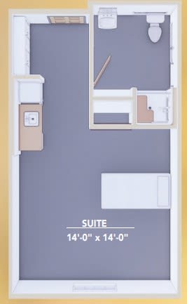 A floor plan of a suite measuring 14 by 14 feet, featuring a bathroom and main living area.