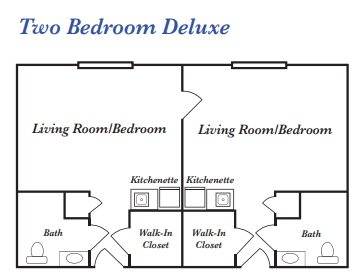 Floor plan of a two bedroom deluxe studio apartment layout.