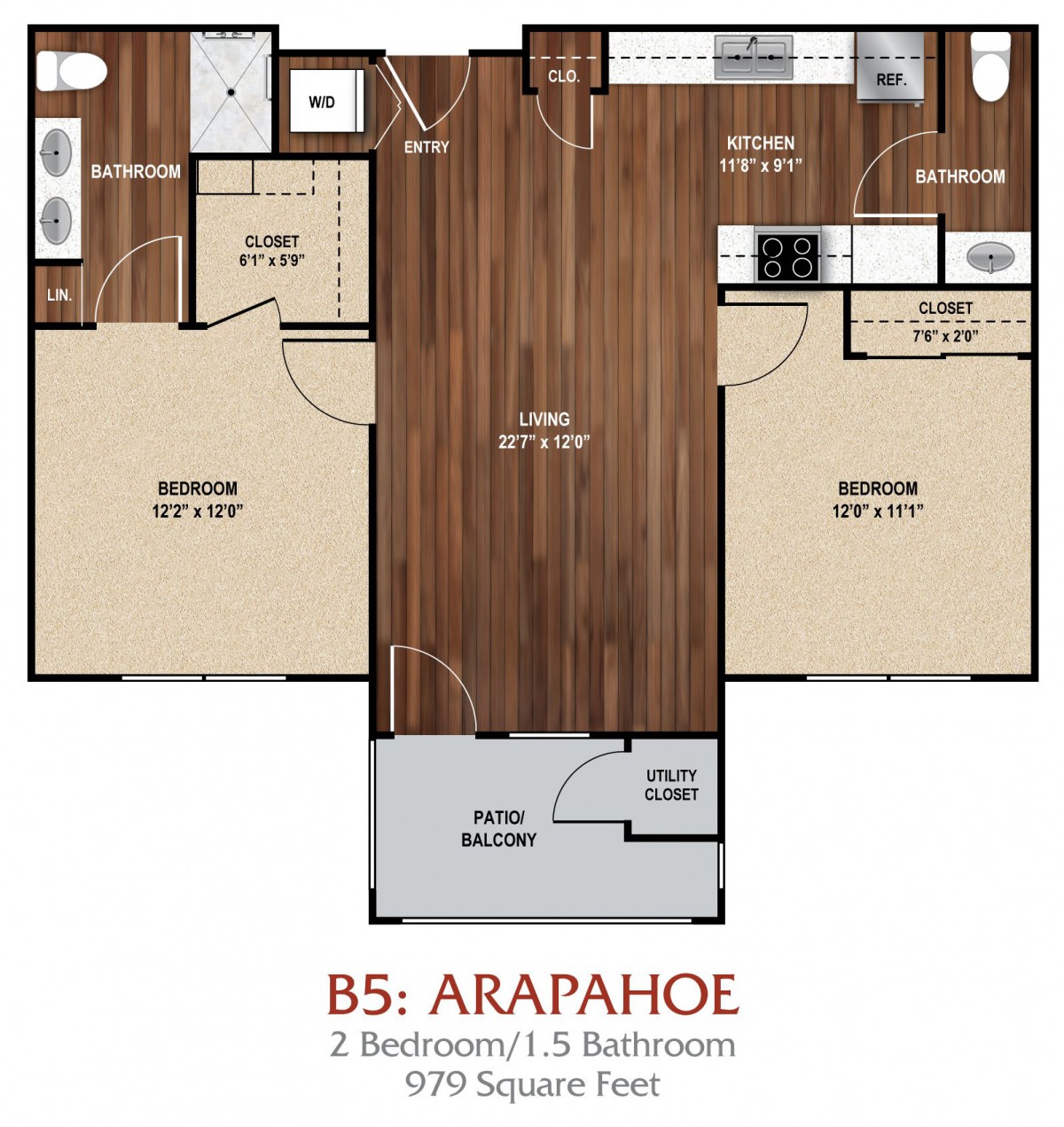 Floor plan of a 2-bedroom, 1-bathroom apartment named 'Arapahoe', featuring a central living area, kitchen, and two bedrooms.