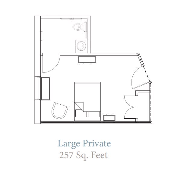 Floor plan of a large private room measuring 257 square feet.