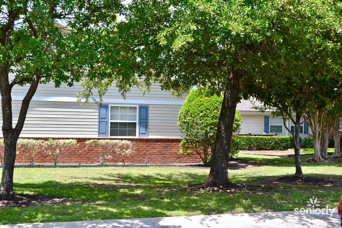 A suburban house with a tree and shrubs in the front yard.