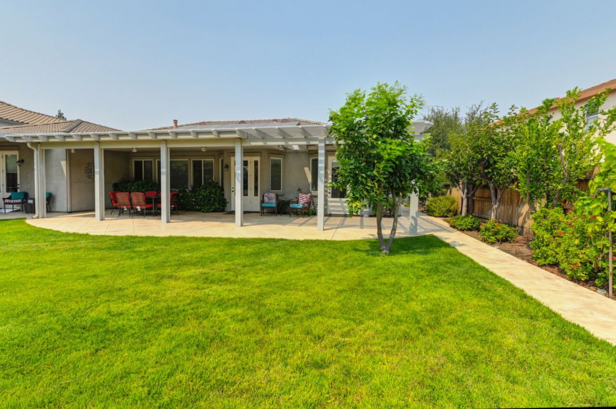 A backyard view with a patio, lush green grass, and a tree.