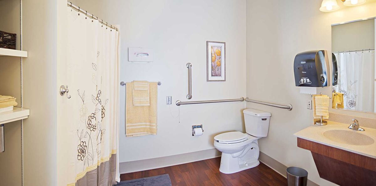 A well-organized accessible bathroom with a toilet, shower, and safety handrails.