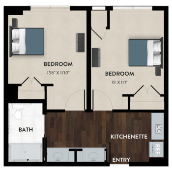 A two-bedroom apartment floor plan with a bath, kitchenette, and entryway.