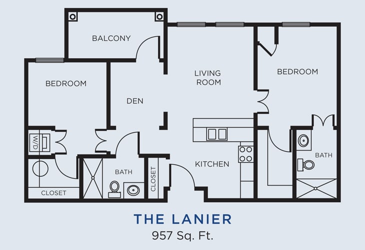 Floor plan of The Lanier apartment with a total area of 957 square feet, featuring two bedrooms, a den, kitchen, living room, bathroom, and balcony.