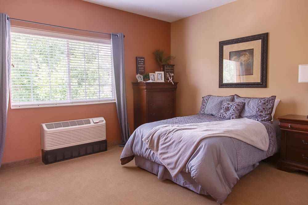 A cozy, well-decorated bedroom with a comfortable bed and natural light streaming through the window.
