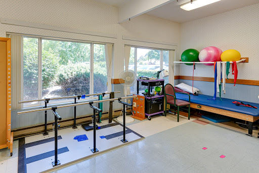 A well-equipped physical therapy room featuring therapy bars, exercise balls, and natural light from large windows.