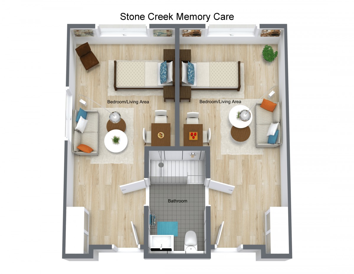 A detailed floor plan of the Stone Creek Memory Care facility, showcasing the layout of two bedrooms and shared living space.