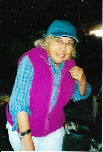 A cheerful elderly woman wearing a purple vest and hat, enjoying her time outdoors.
