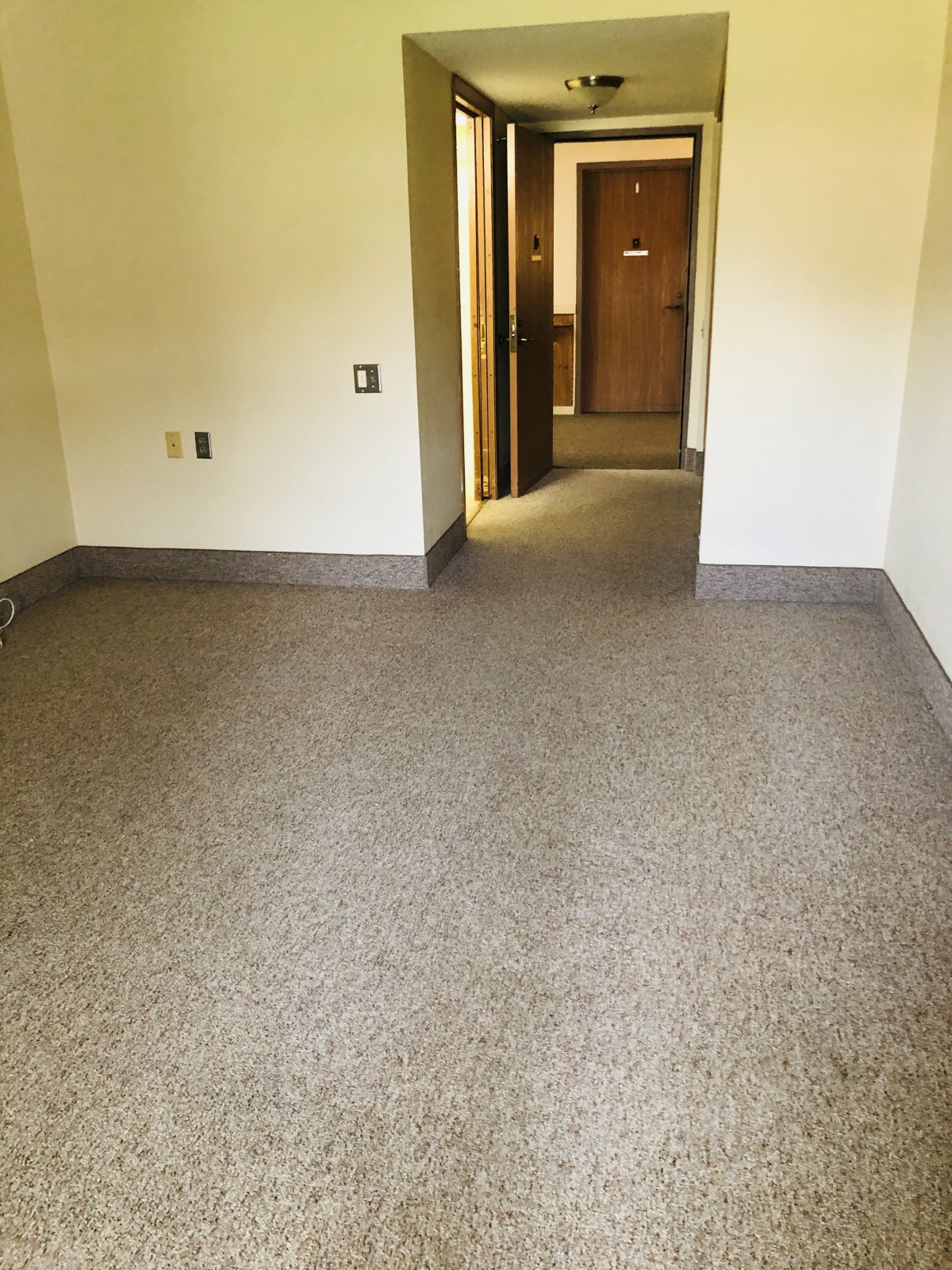 An empty room with carpet flooring and a doorway leading to another area.