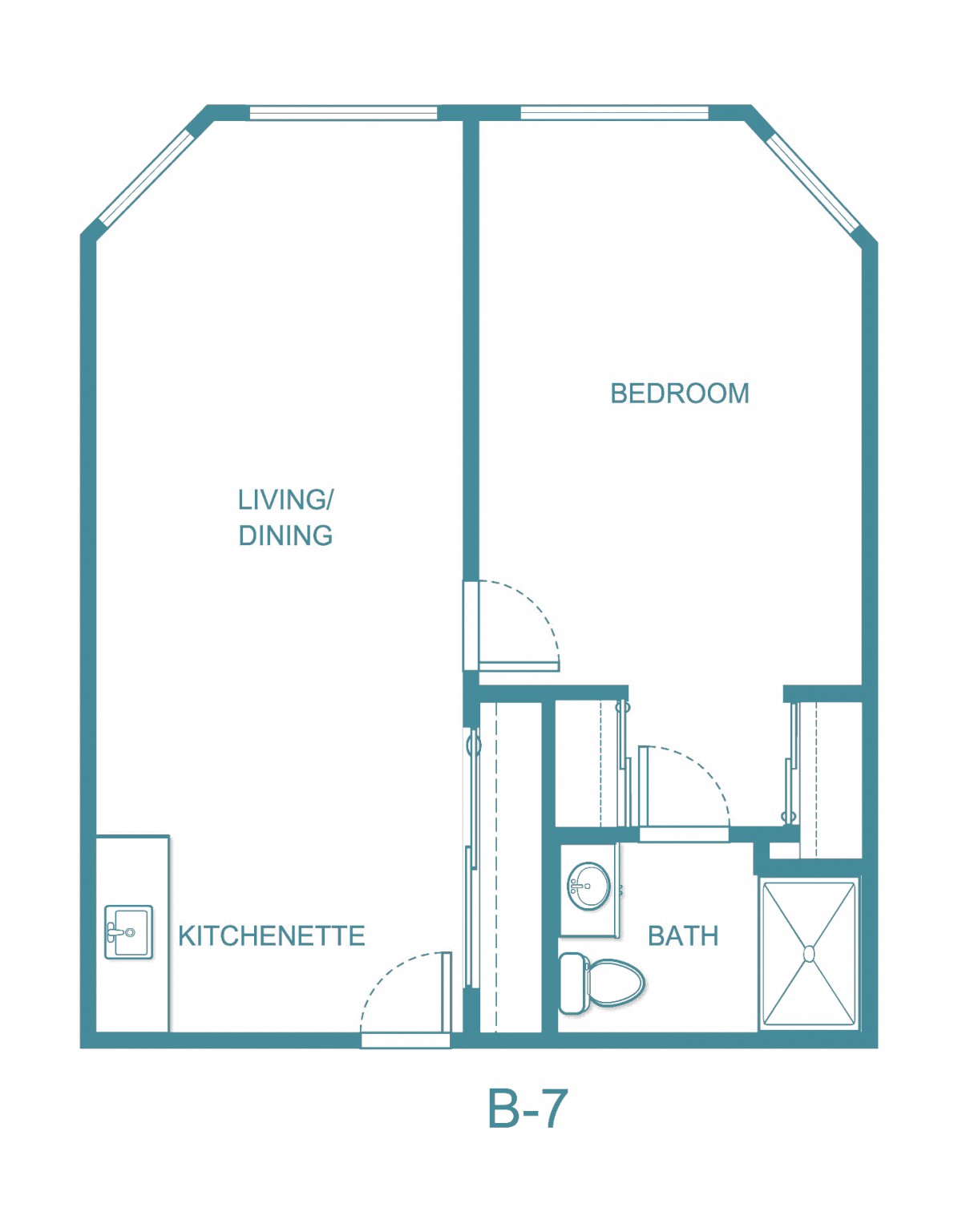 A floor plan depicting a one-bedroom apartment with a living/dining area, kitchenette, and bathroom.