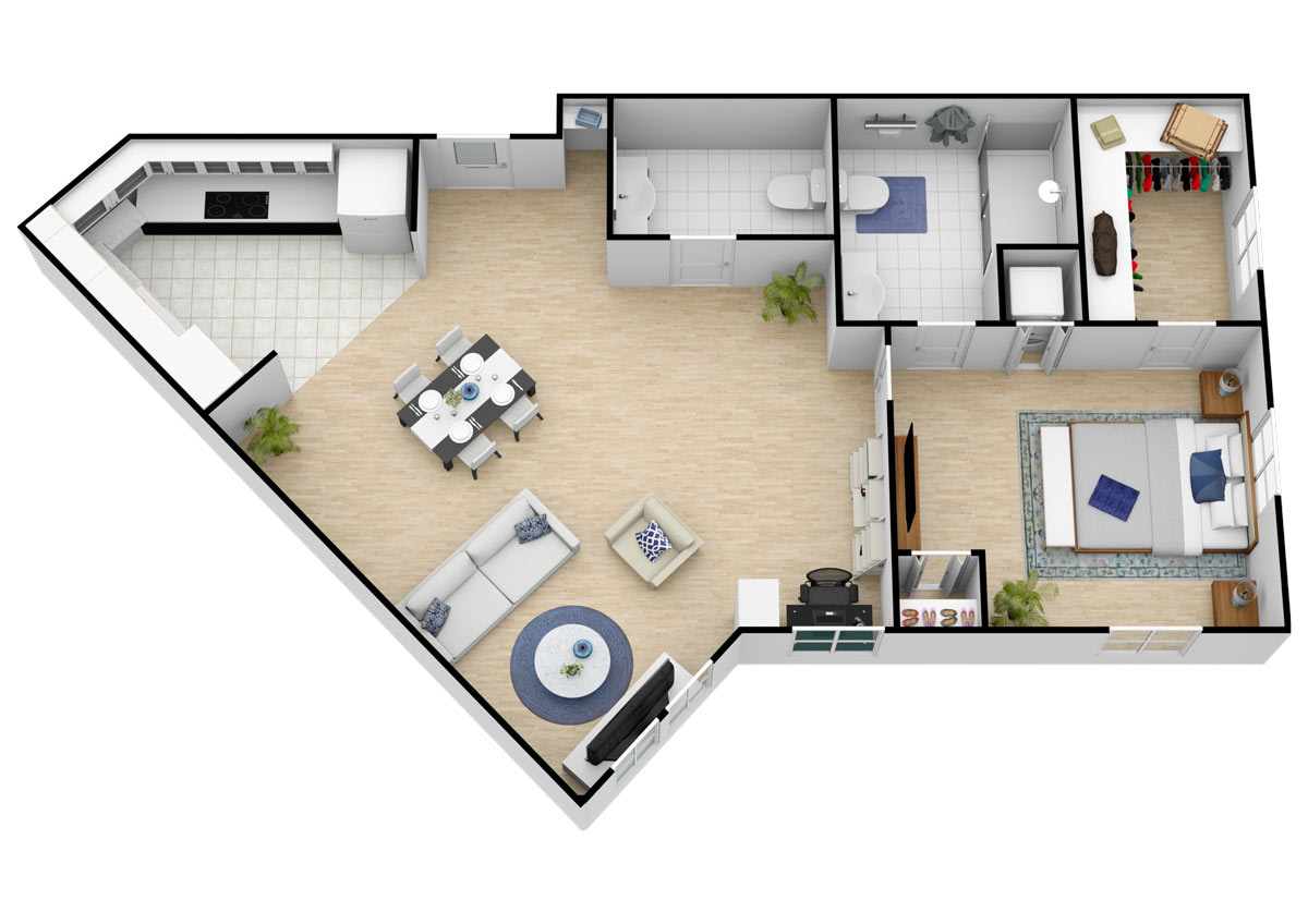 A modern apartment floor plan featuring an open concept living area, dining space, kitchen, bedroom, and bathroom.
