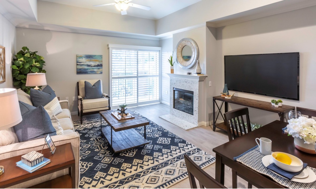 A modern living room with a cozy fireplace and stylish decor, featuring a patterned rug and natural light.