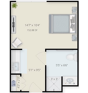 A floor plan of a one-bedroom apartment featuring a living area, bedroom, and bathroom.
