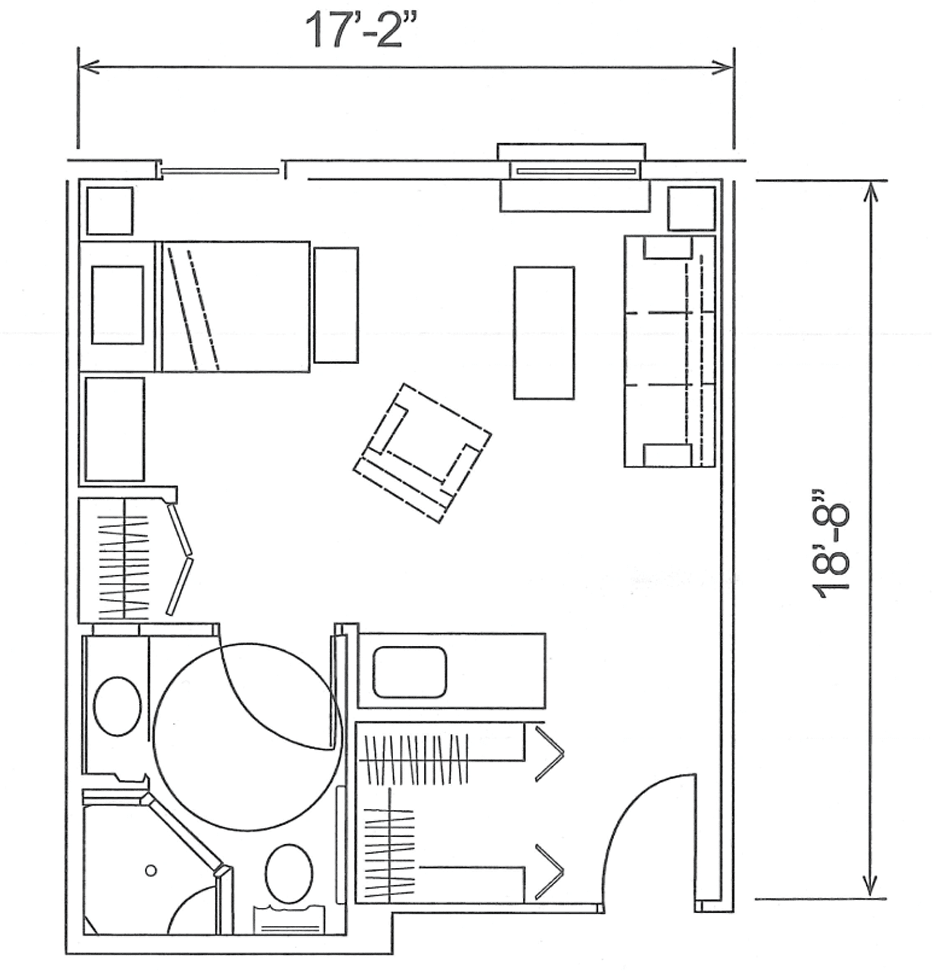 A detailed floor plan showing the layout of a room with furniture and dimensions.