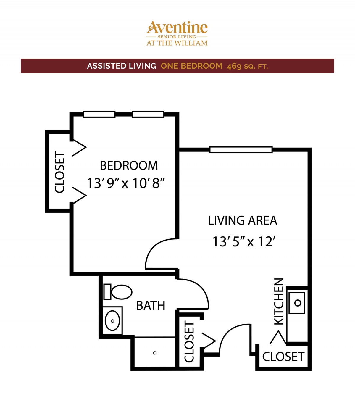 One-bedroom apartment floor plan with living area, bathroom, kitchen, and closets.