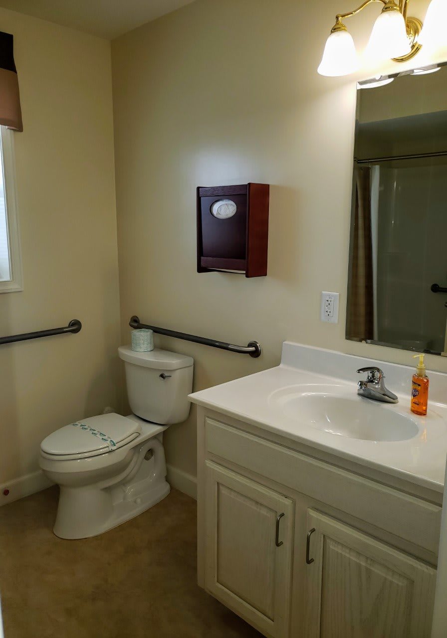 A bathroom with a toilet, sink, and mirror, featuring grab bars for accessibility.
