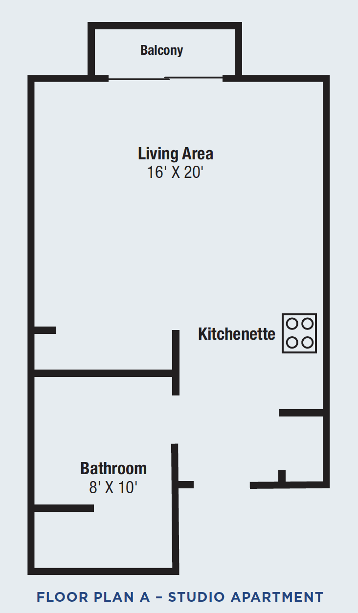 A simple floor plan with a living area, kitchenette, and bathroom.