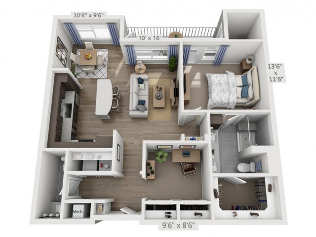 A 3D floor plan of a modern apartment featuring an open living area, kitchen, bedroom, bathroom, and balcony.