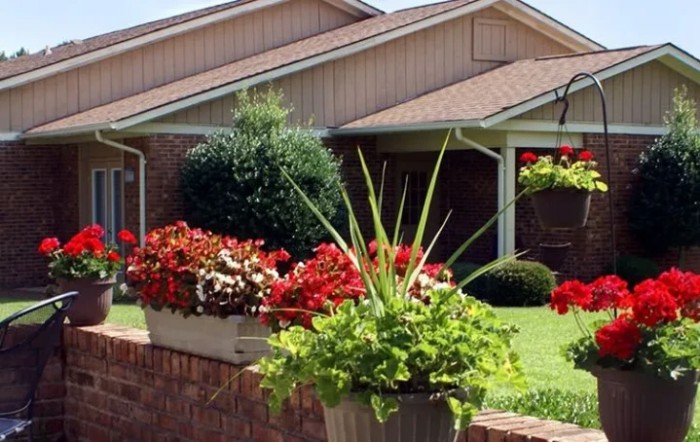 A suburban house with a well-maintained garden featuring vibrant flowers and greenery.
