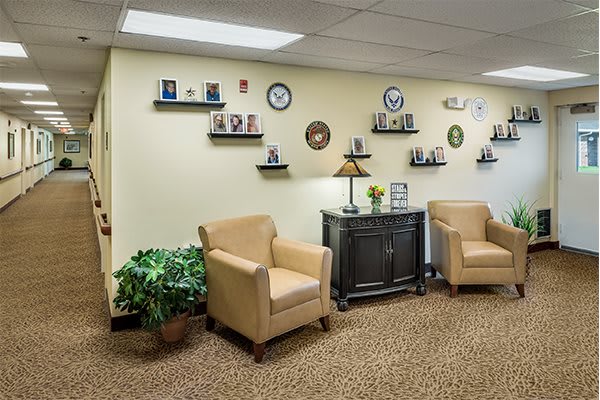 A cozy waiting room with comfortable chairs, decorative shelves, and a potted plant.
