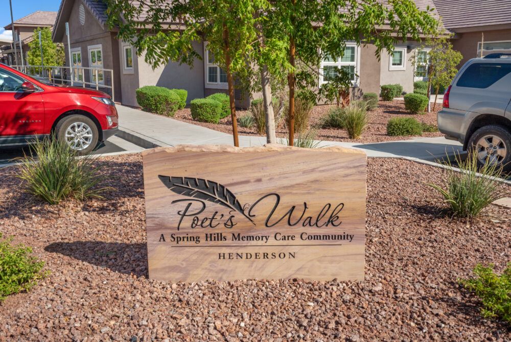 Entrance sign for Poet's Walk, a memory care community in Henderson.