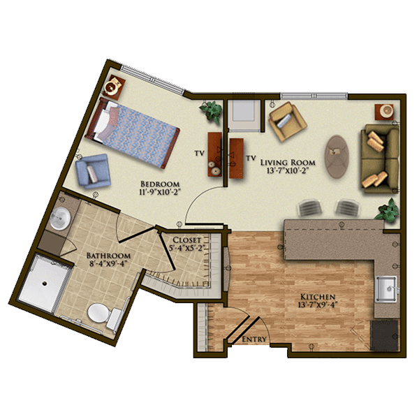 An apartment floor plan featuring a one-bedroom layout with a living room, kitchen, and bathroom.