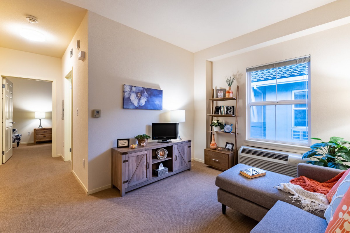 A cozy living room with a television, shelf, and window providing natural light.