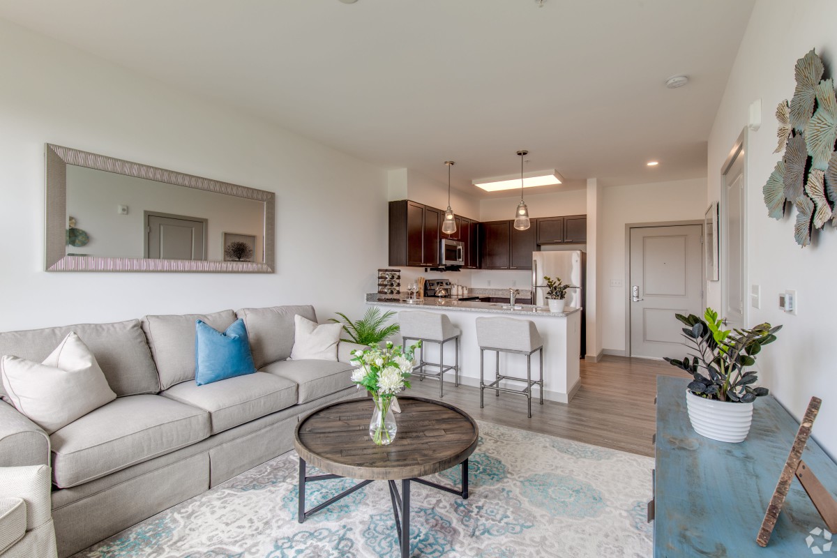 A modern apartment with an open floor plan featuring a cozy living room and adjacent kitchen area.