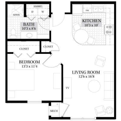 A floor plan of a one-bedroom apartment featuring a living room, kitchen, bathroom, and closet.