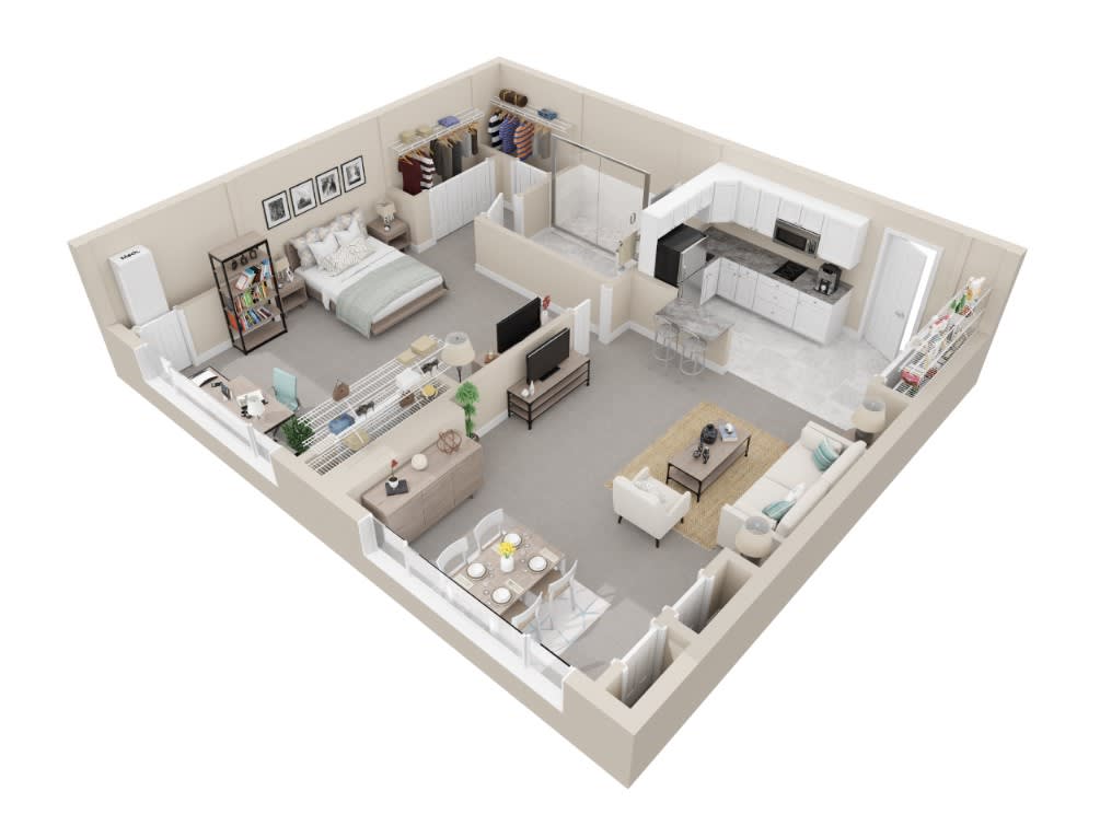 A 3D floor plan of a modern one-bedroom apartment showcasing the interior design and layout.