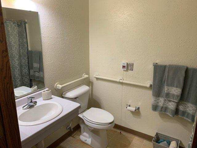 A tidy bathroom with a sink, toilet, and handrail.