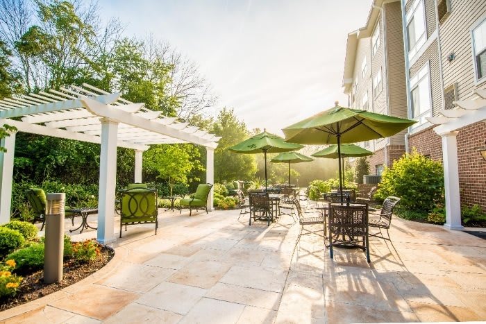 A sunny patio with tables, chairs, and green umbrellas surrounded by lush garden foliage.