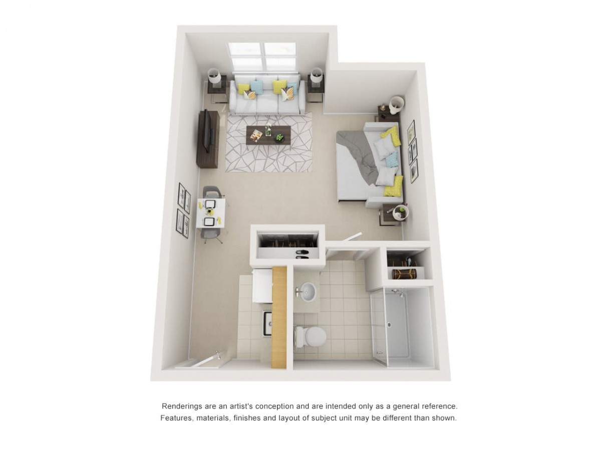 A 3D rendered floor plan of a one-bedroom apartment featuring an open living area, kitchen, bathroom, and bedroom.